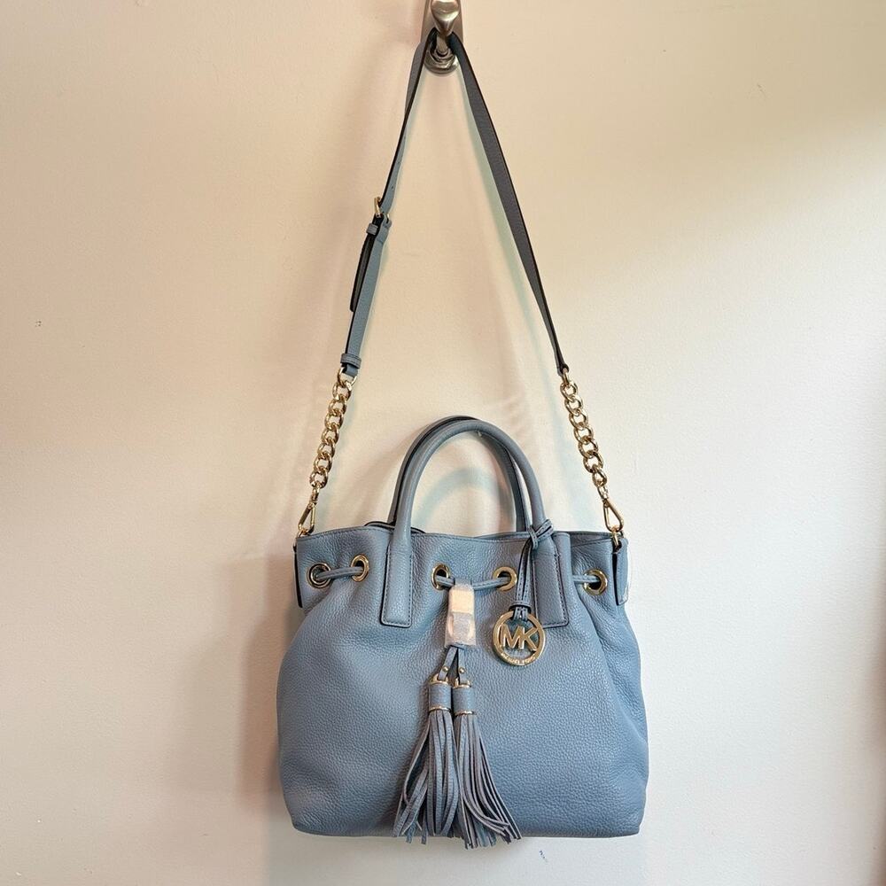 Michael Kors Camden Medium Drawstring Satchel Powder Blue Pebbled Leather Bag
